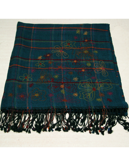 Étole 100% laine brodée - Fleuri sur carreaux fond canard