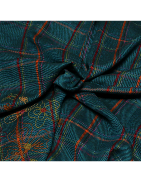 Étole 100% laine brodée - Fleuri sur carreaux fond canard