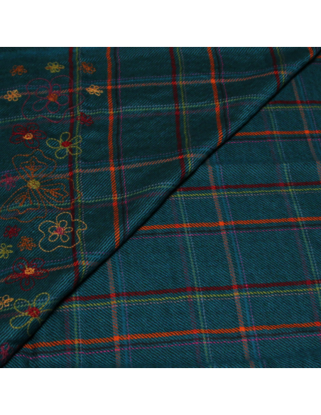 Étole 100% laine brodée - Fleuri sur carreaux fond canard