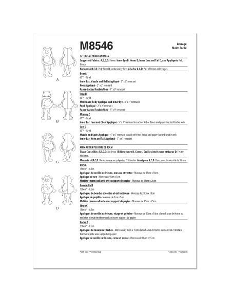 Patron McCall's M8546.OS - Peluches Animales à Confectionner