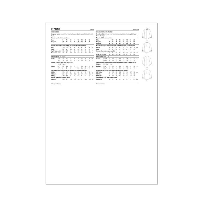 Patron Butterick 7010/K5 (36-44) - Chemisier semi-ajusté
