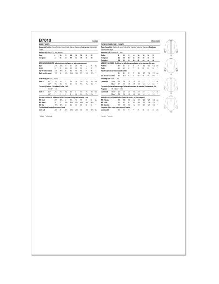 Patron Butterick 7010/K5 (36-44) - Chemisier semi-ajusté