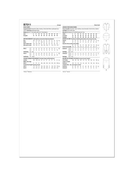 Patron Butterick 7011/H5 (34-42) - Chemisier boutonné avec variations de manches