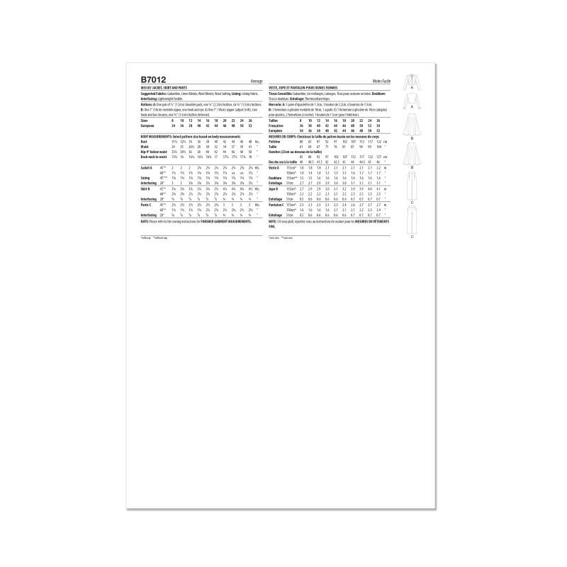 Patron Butterick 7012/K5 (36-44) - Veste, jupe et pantalon