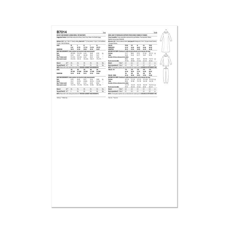 Patron Butterick 7014/AA (32-46) - Robe, haut et pantalon de détente