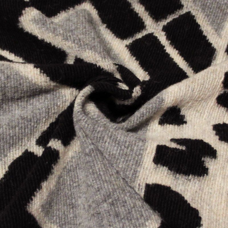 Panneau laine bouillie pour poncho à frange - Gris, beige & noir