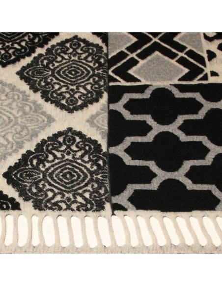 Panneau laine bouillie pour poncho à frange - Gris, beige & noir