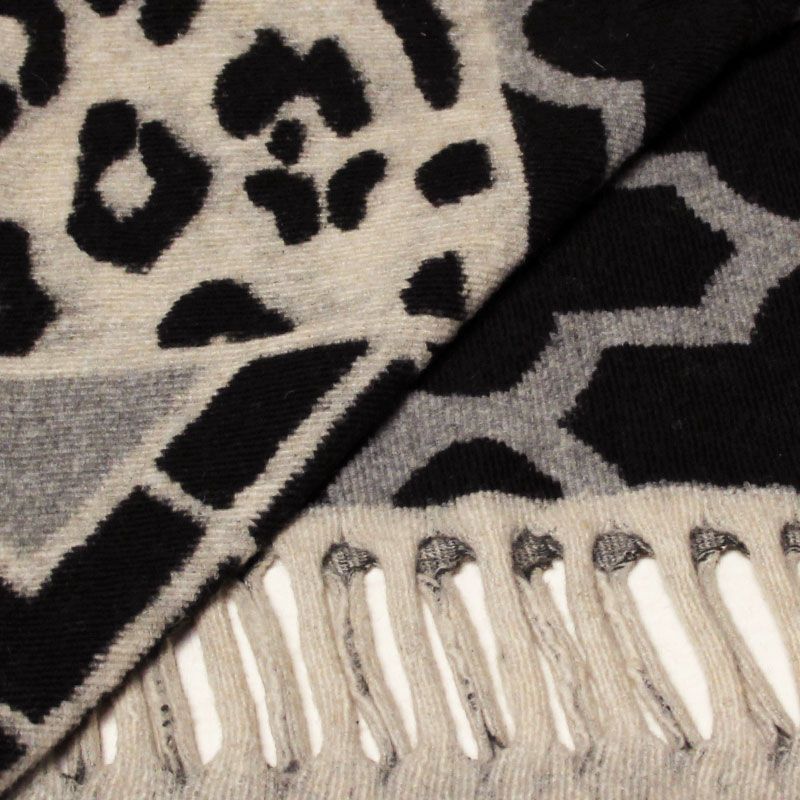 Panneau laine bouillie pour poncho à frange - Gris, beige & noir