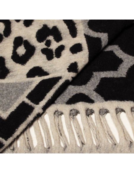 Panneau laine bouillie pour poncho à frange - Gris, beige & noir