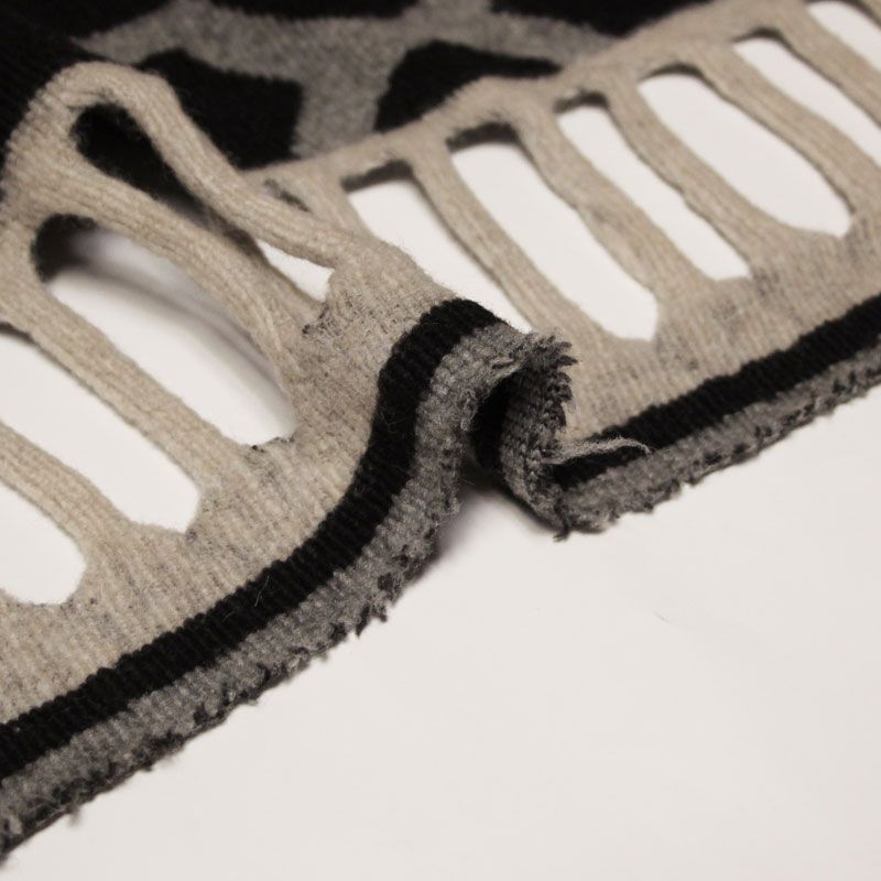 Panneau laine bouillie pour poncho à frange - Gris, beige & noir