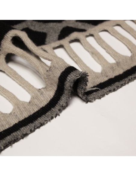 Panneau laine bouillie pour poncho à frange - Gris, beige & noir