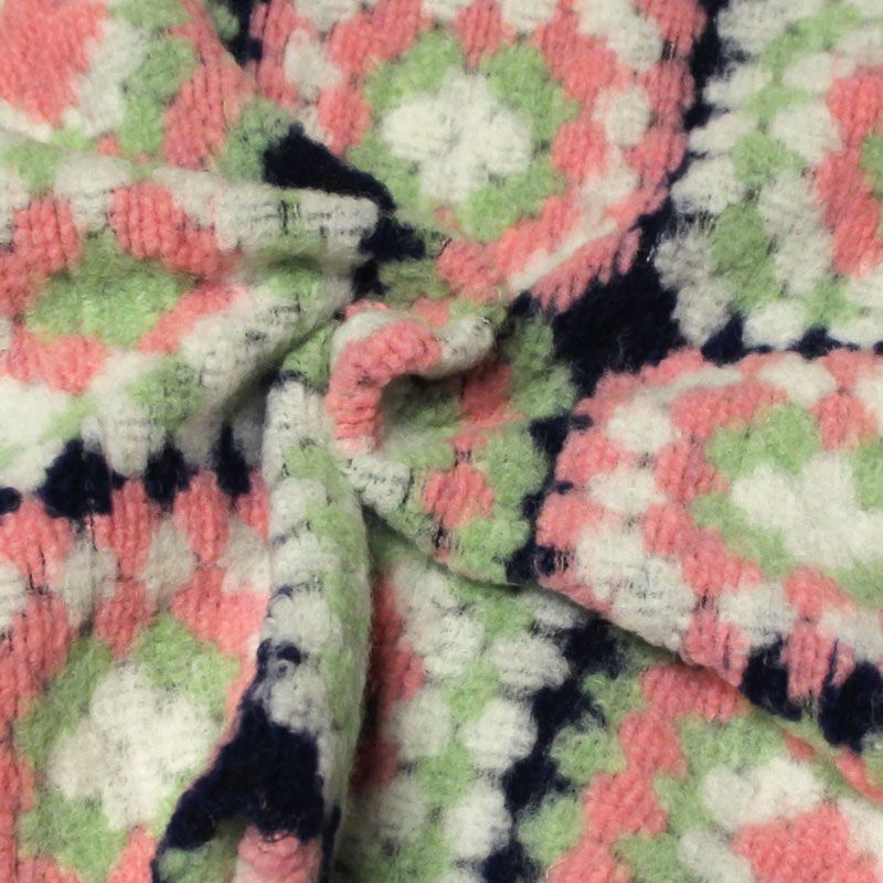 Laine bouillie - Carré rose & vert fond marine