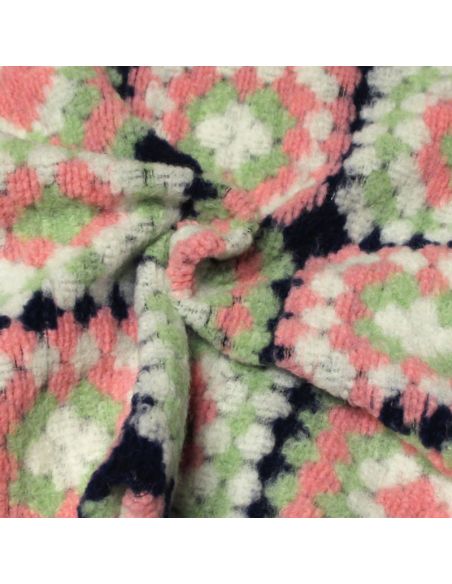 Laine bouillie - Carré rose & vert fond marine