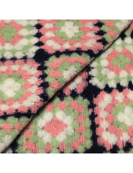 Laine bouillie - Carré rose & vert fond marine