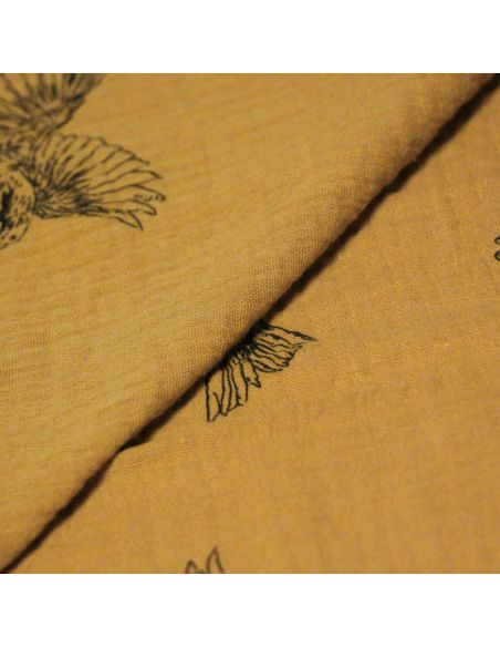 Double gaze 100% coton - Oiseaux noirs fond moutarde