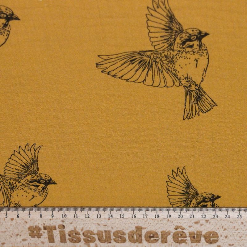 Double gaze 100% coton - Oiseaux noirs fond moutarde