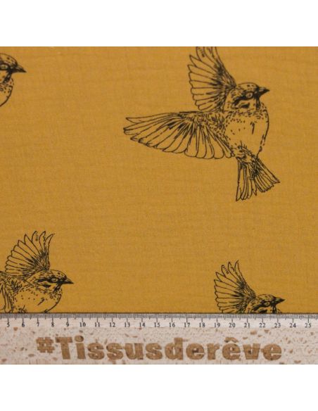 Double gaze 100% coton - Oiseaux noirs fond moutarde