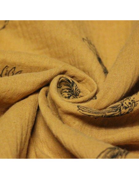 Double gaze 100% coton - Oiseaux noirs fond moutarde