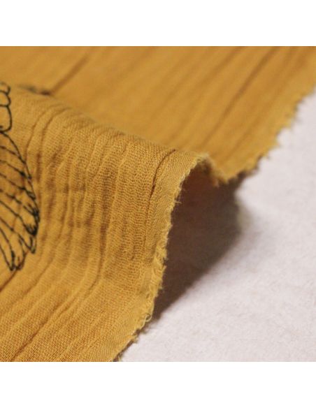 Double gaze 100% coton - Oiseaux noirs fond moutarde