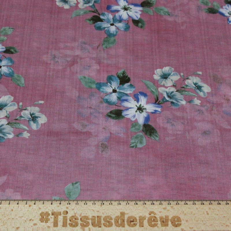 Voile de coton & viscose - Fleurs bleu-blanc fond rose