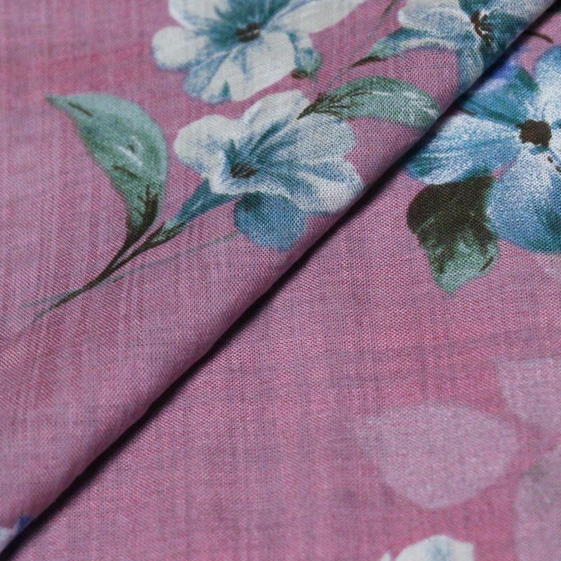 Voile de coton & viscose - Fleurs bleu-blanc fond rose