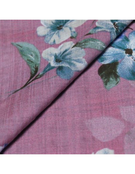 Voile de coton & viscose - Fleurs bleu-blanc fond rose
