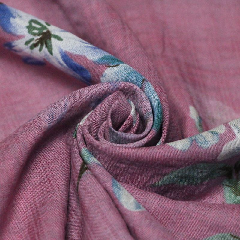 Voile de coton & viscose - Fleurs bleu-blanc fond rose
