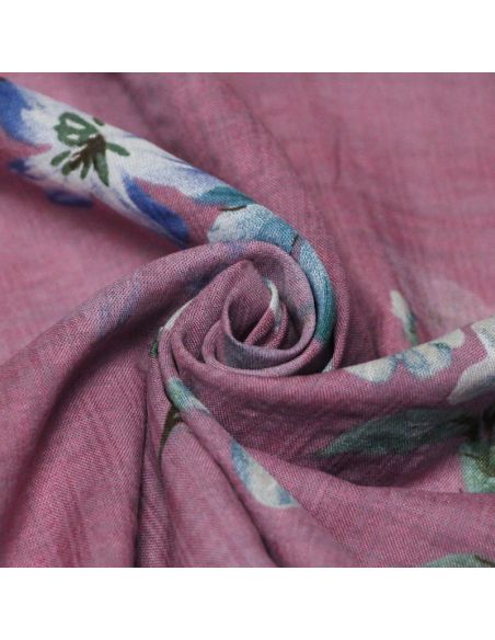 Voile de coton & viscose - Fleurs bleu-blanc fond rose