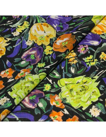 Batiste 100% coton - Bouquet fleurit fond noir