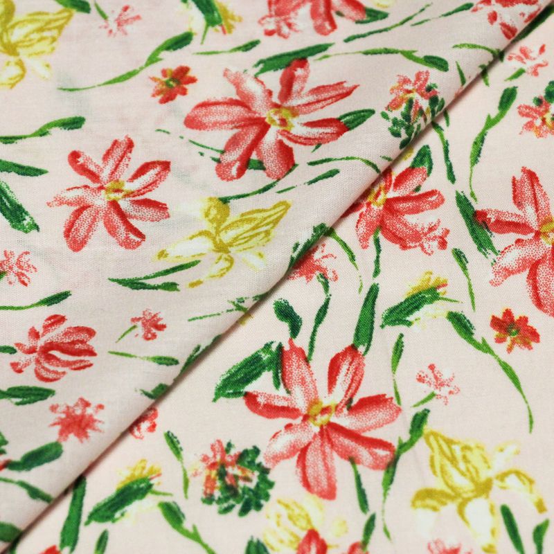 Popeline 100% coton - Fleurs rose et jaune