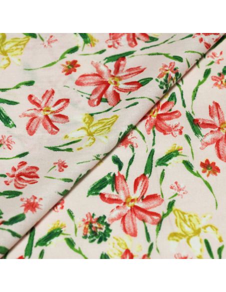 Popeline 100% coton - Fleurs rose et jaune
