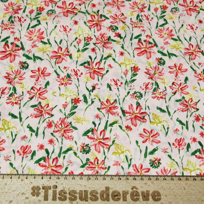 Popeline 100% coton - Fleurs rose et jaune