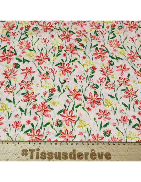 Popeline 100% coton - Fleurs rose et jaune