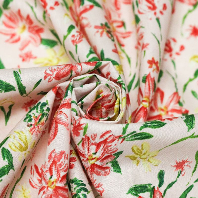 Popeline 100% coton - Fleurs rose et jaune