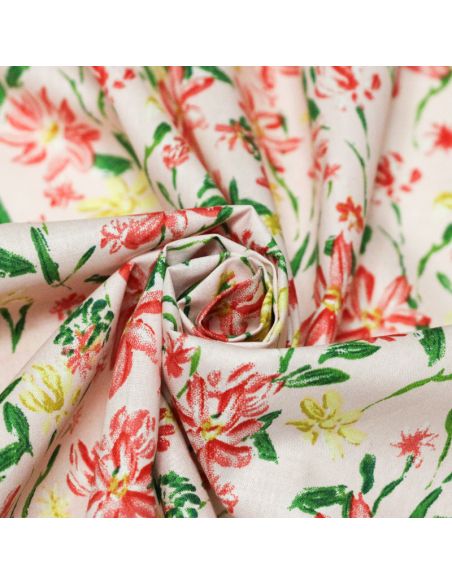 Popeline 100% coton - Fleurs rose et jaune