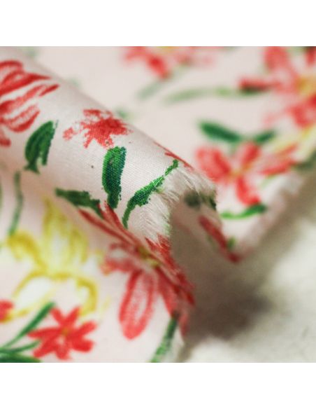 Popeline 100% coton - Fleurs rose et jaune
