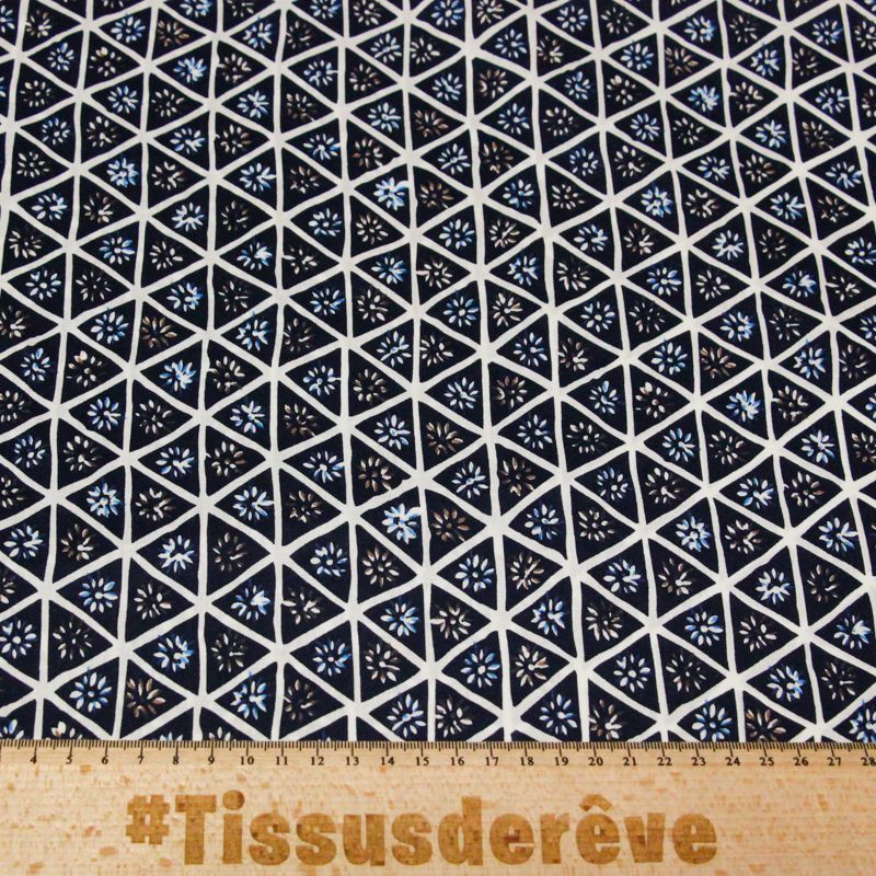 Popeline 100% coton - Motif géométrique bleu