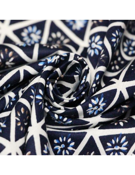 Popeline 100% coton - Motif géométrique bleu