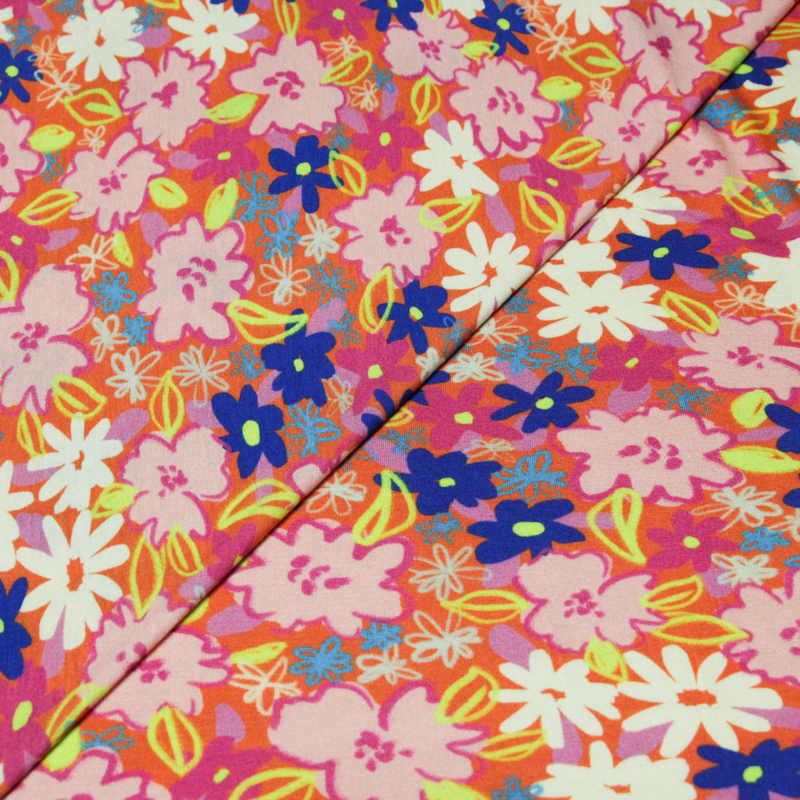 Jersey viscose & élasthanne - Fleurs roses sur fond orange