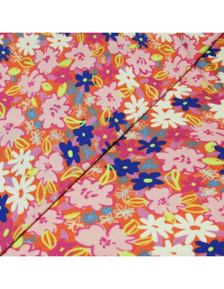 Jersey viscose & élasthanne - Fleurs roses sur fond orange