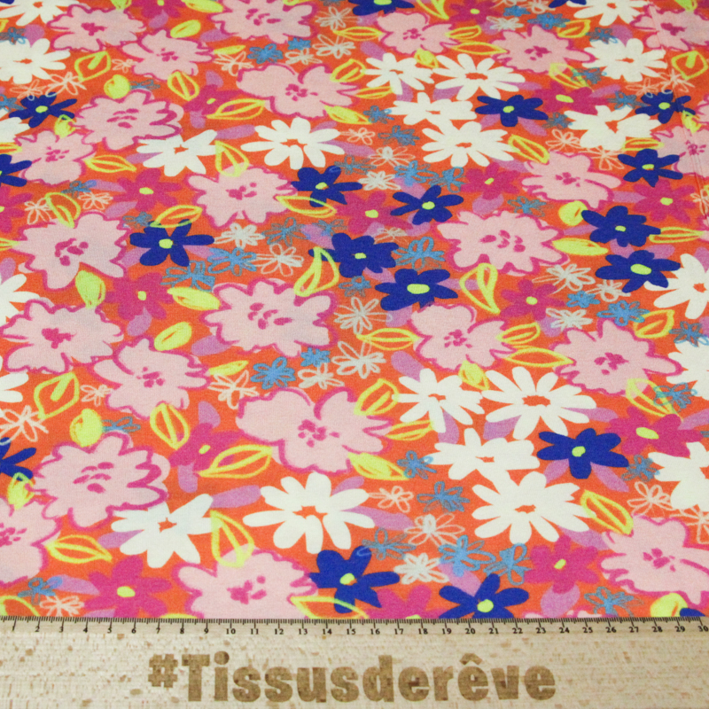 Jersey viscose & élasthanne - Fleurs roses sur fond orange