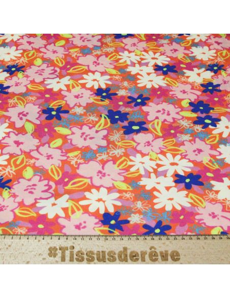 Jersey viscose & élasthanne - Fleurs roses sur fond orange