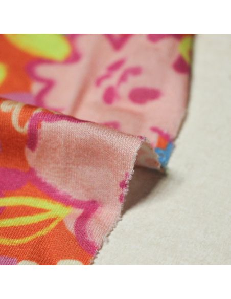 Jersey viscose & élasthanne - Fleurs roses sur fond orange