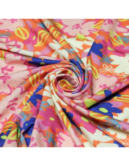 Jersey viscose & élasthanne - Fleurs roses sur fond orange