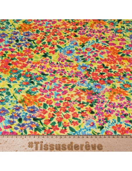Jersey viscose & élasthanne - Fleurs rouges sur fond jaune