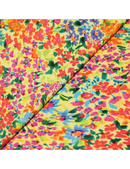 Jersey viscose & élasthanne - Fleurs rouges sur fond jaune