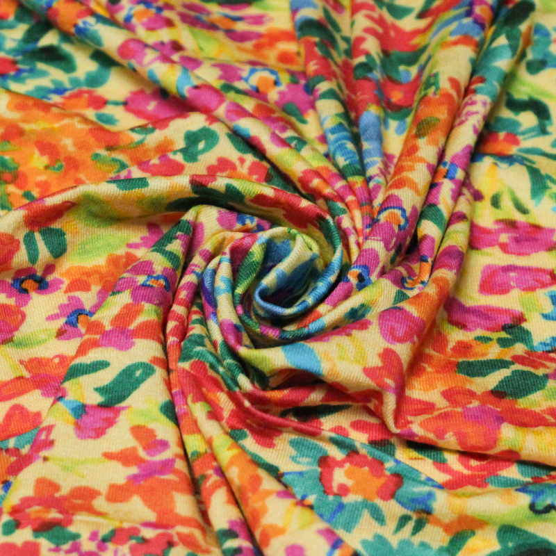 Jersey viscose & élasthanne - Fleurs rouges sur fond jaune