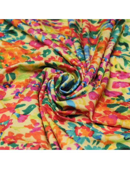 Jersey viscose & élasthanne - Fleurs rouges sur fond jaune