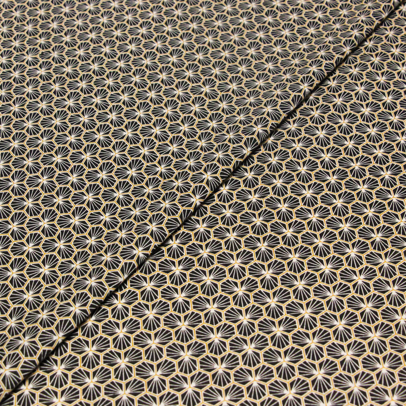 Cretonne 100% coton - Hexagone doré fond noir