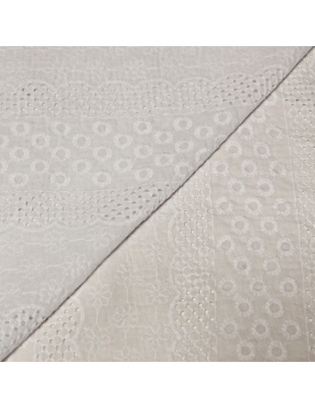 Broderie anglaise 100% coton - Motifs floraux et géométriques en frise blanc optique
